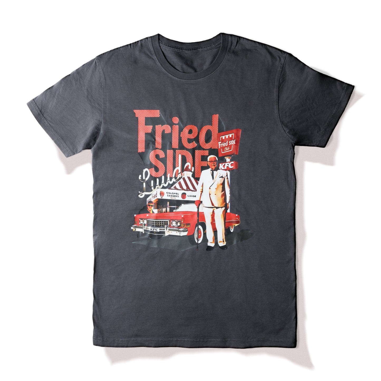 Black KFC x Luude tee shirt branded with red "Fried Side Club" copy and colonel Sanders next to a car