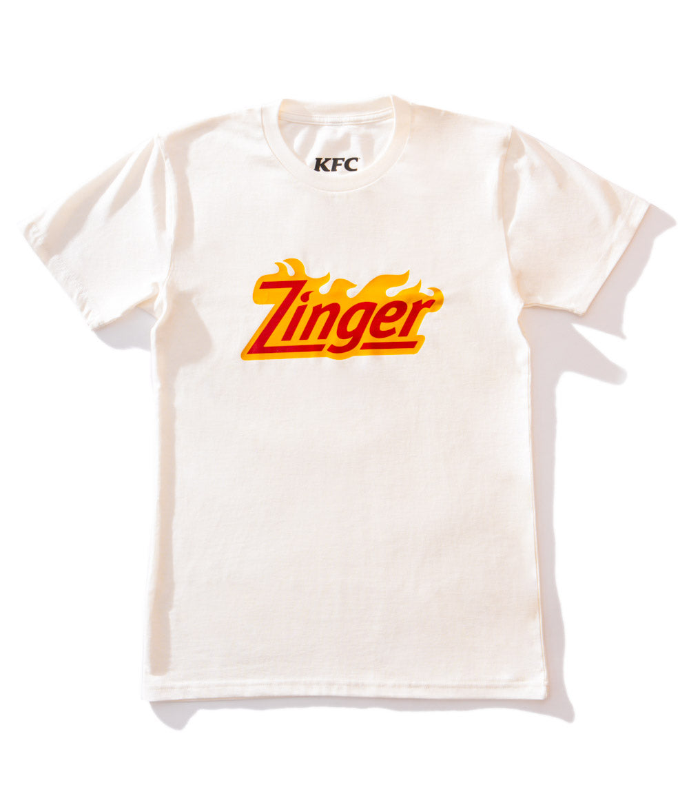 white KFC tee shirt with 'Zinger' branded logo on the front
