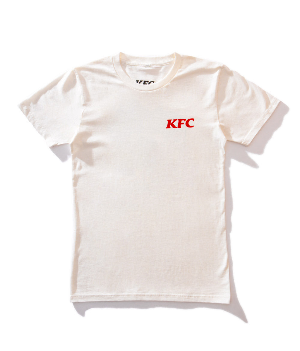 front view of white branded KFC tee shirt with small KFC logo