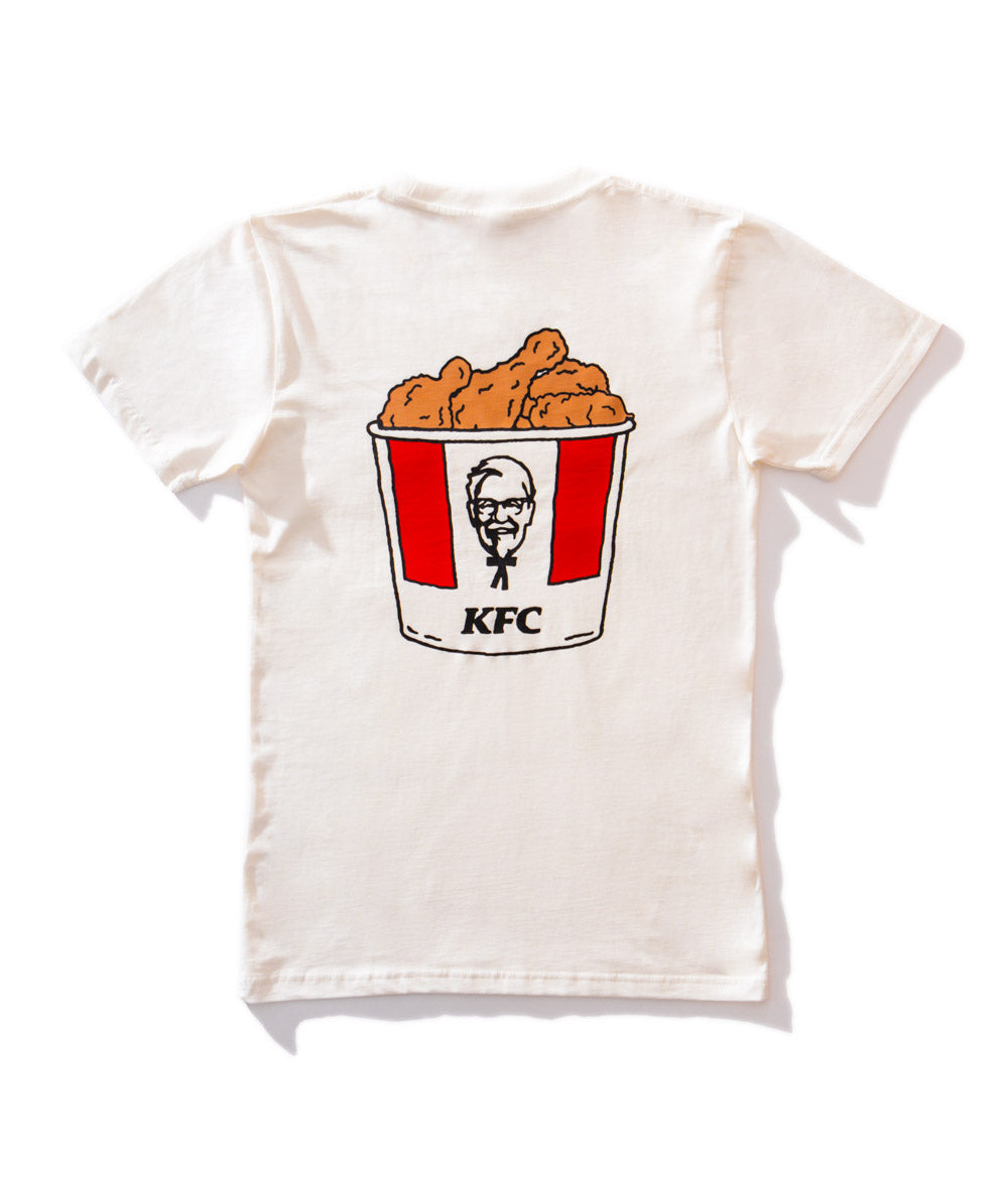 back view of white branded KFC tee shirt with KFC bucket logo and chicken