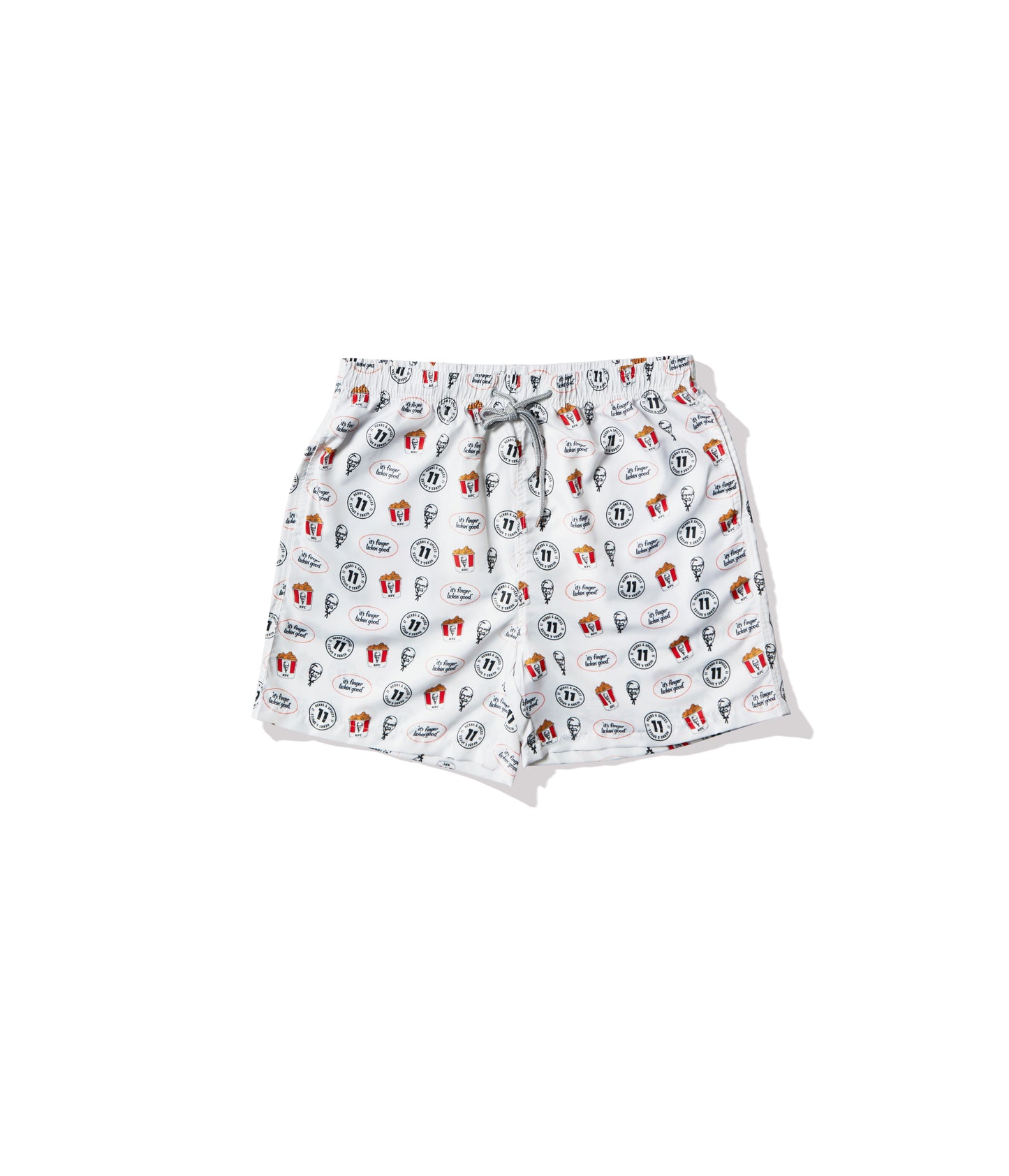 KFC themed white shorts with logo and KFC bucket branding printed all over