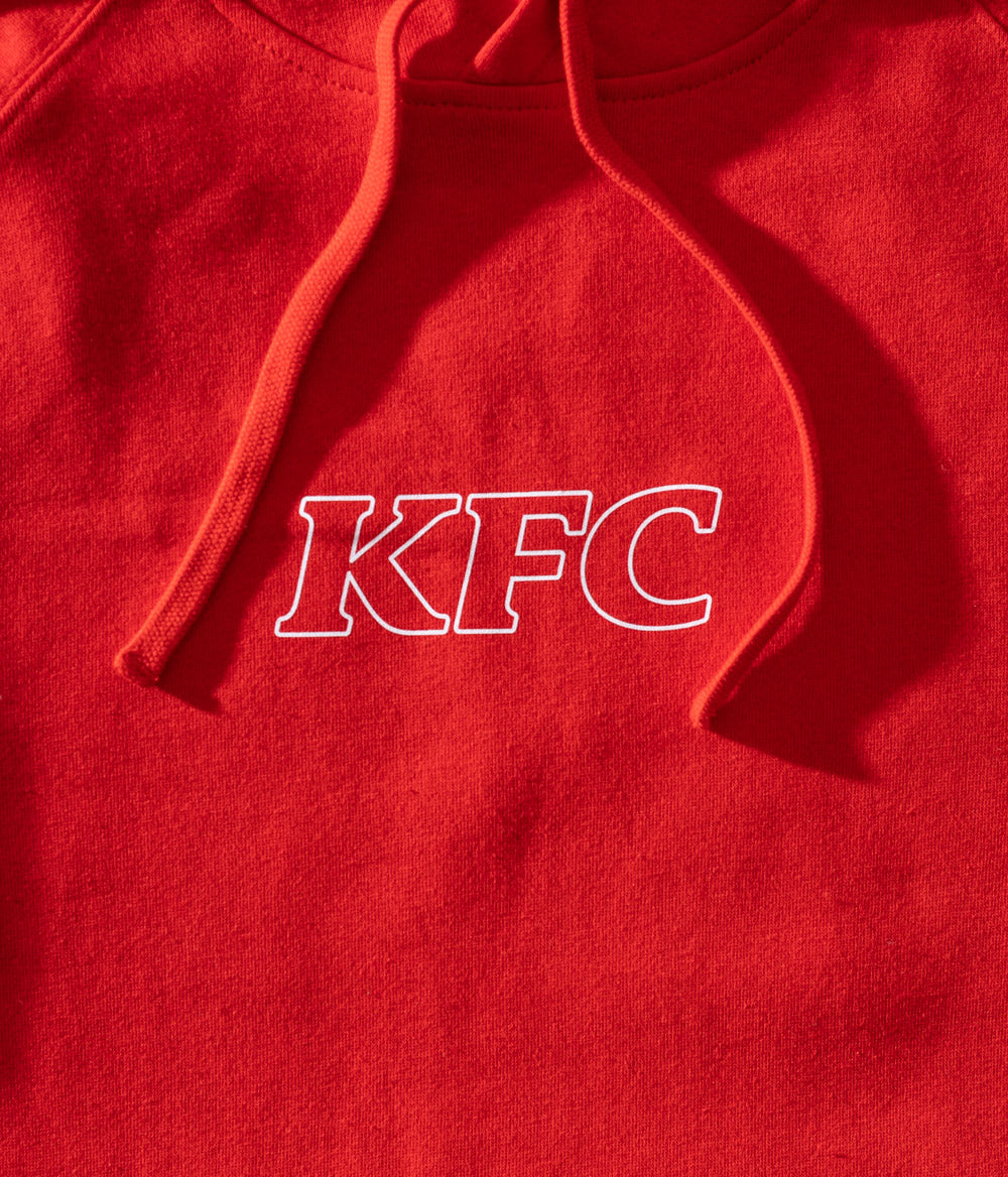 Close up of Red KFC hoodie with white KFC message