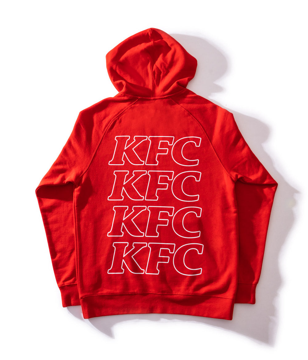 back of red KFC hoodie with whiterepeating KFC logo