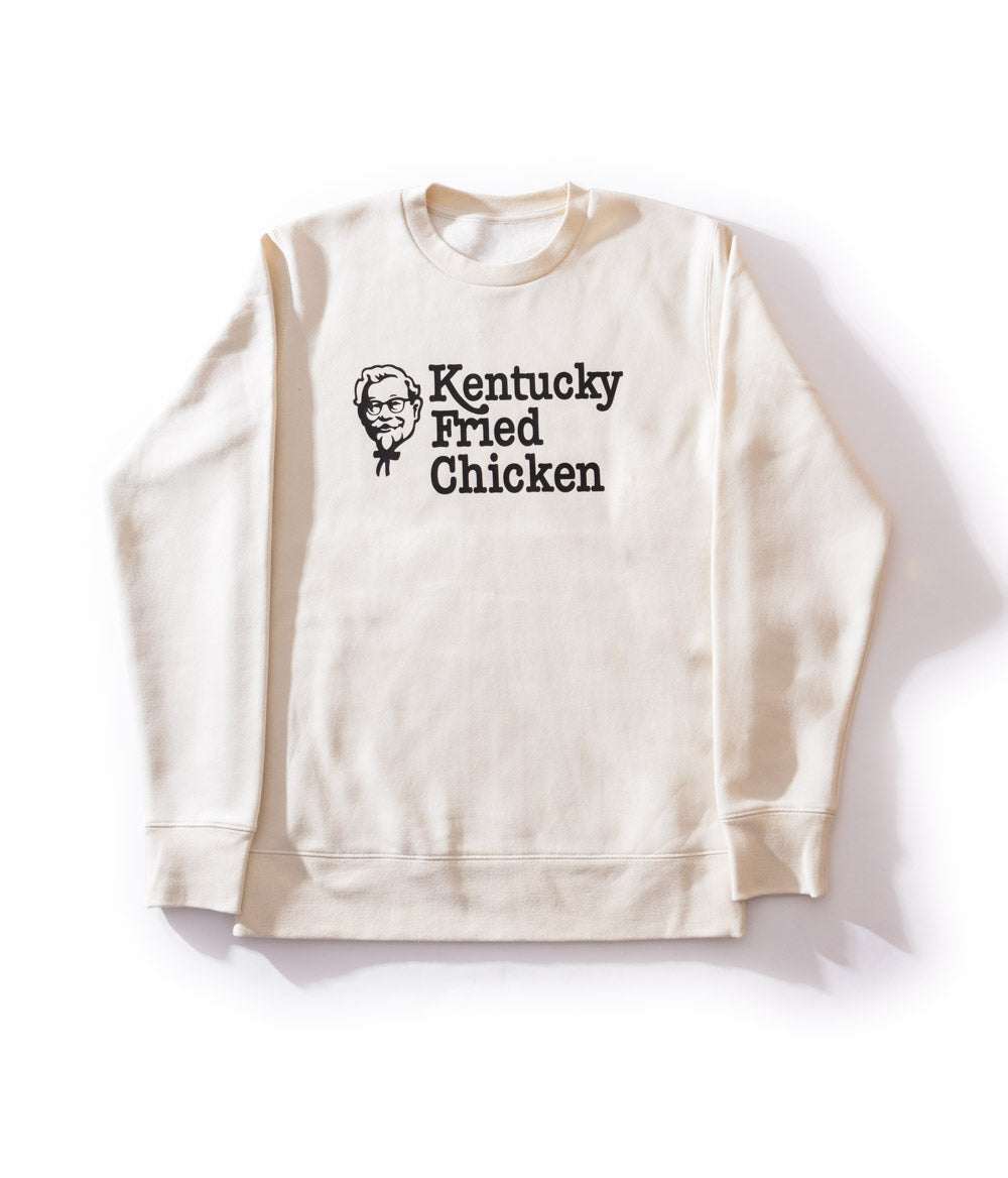 Off-white KFC crew neck jumper with black kentucky fried chicken message