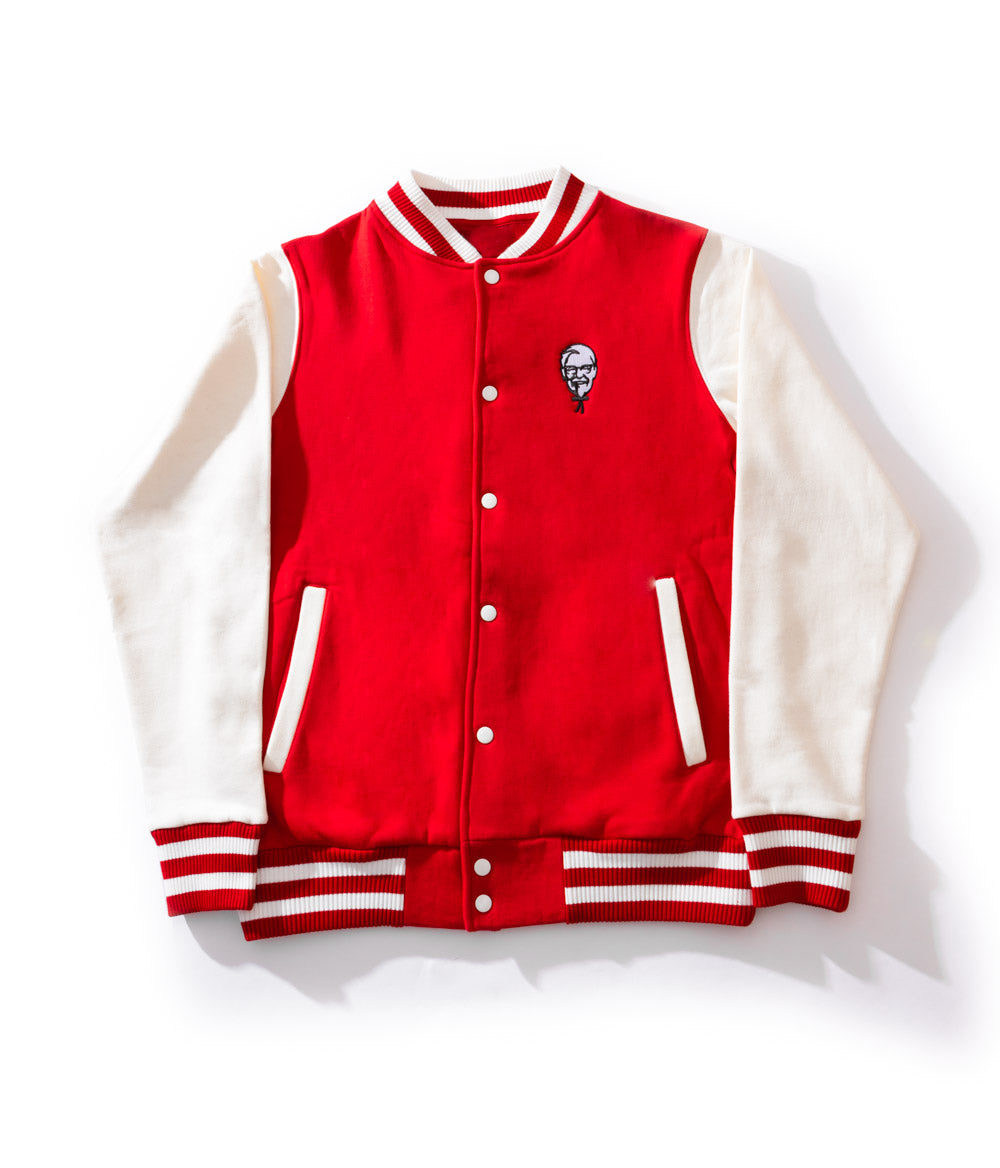 Red KFC bomber jacket with off white sleeves and KFC colonel sanders logo