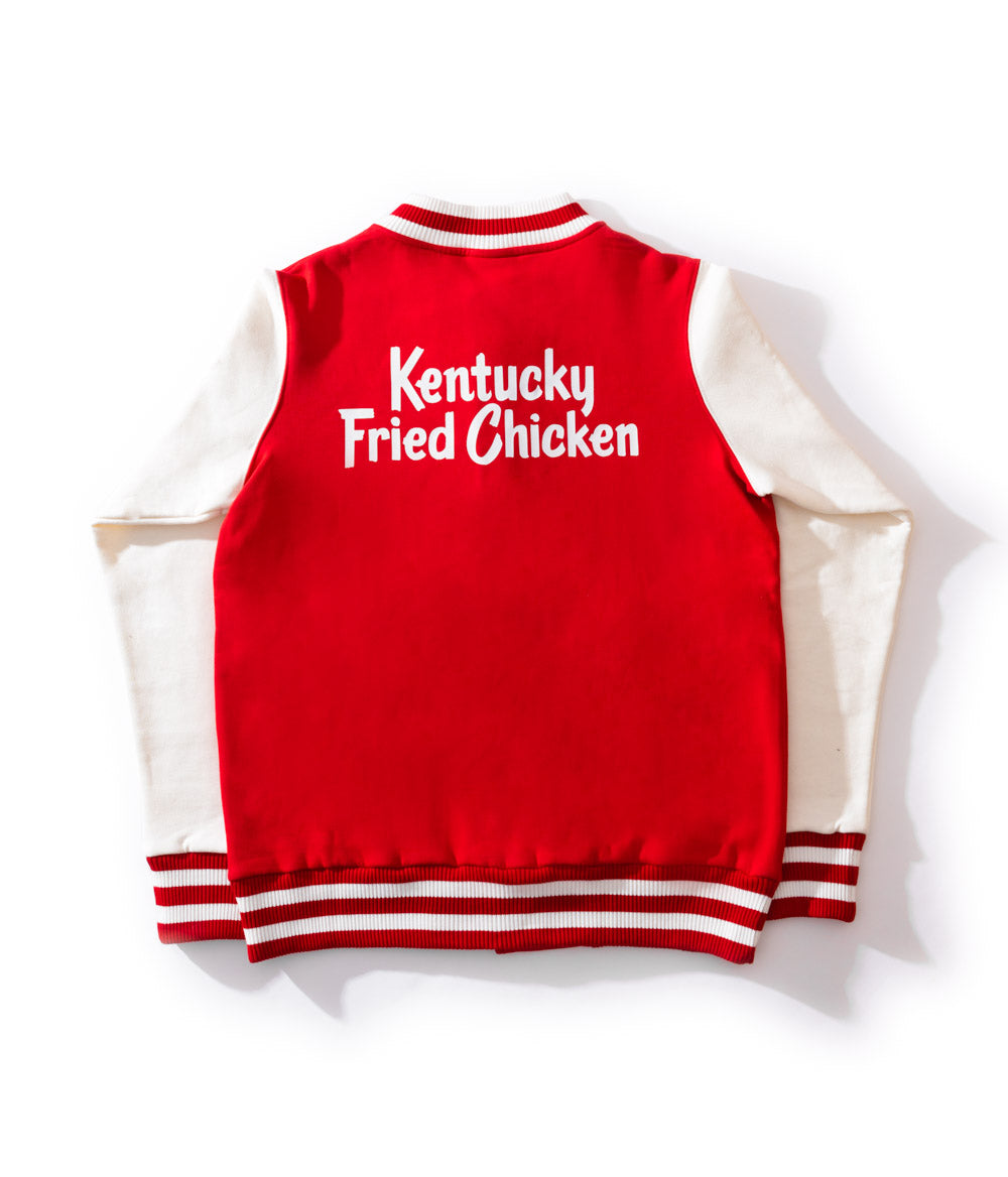 back view of Red KFC bomber jacket with off white sleeves and Kentucky Fried Chicken message