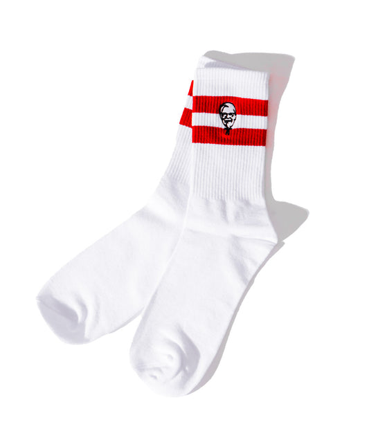 KFC white socks with red stripes and colonel sanders logo