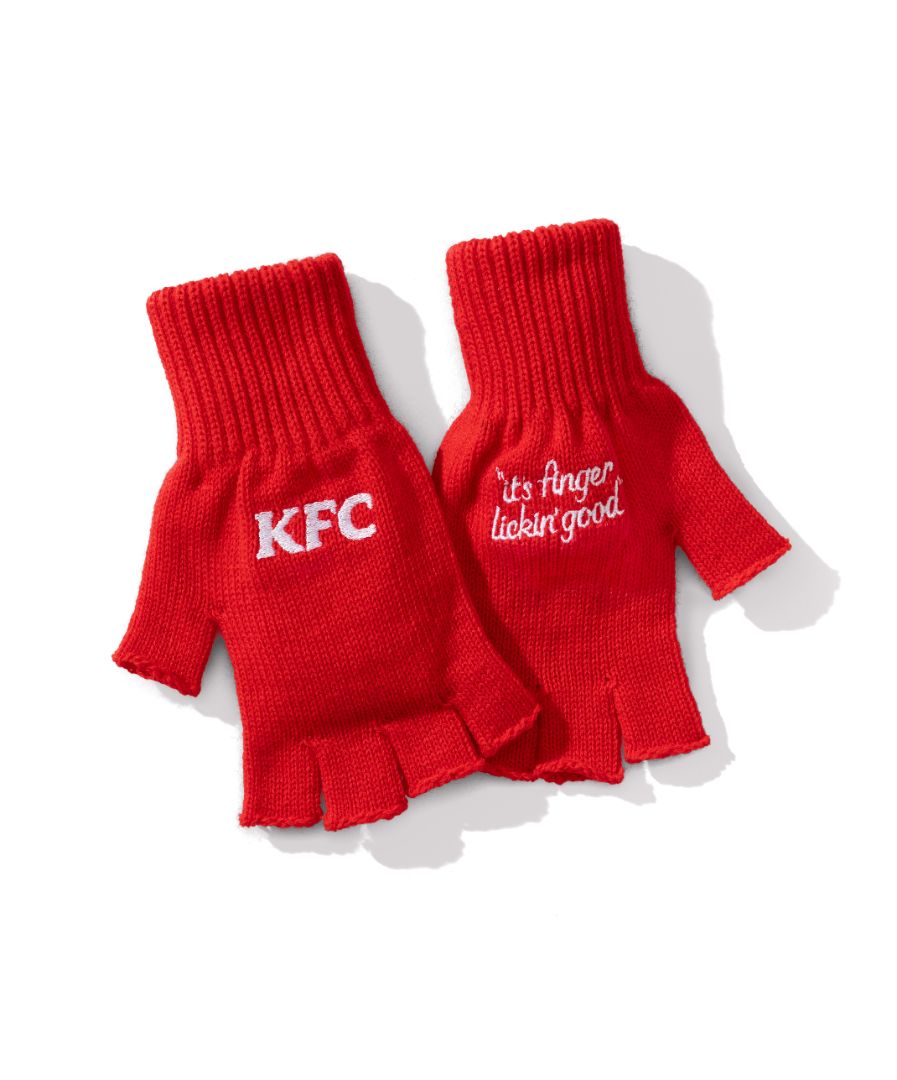 red KFC fingerless gloves with 'finger lickin' good' message