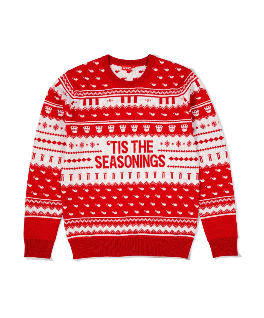 KFC red and white christmas jumper with 'Tis the seasonings' message