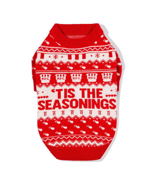 KFC red pet jumper with 'tis the seasonings' message and KFC bucket logos