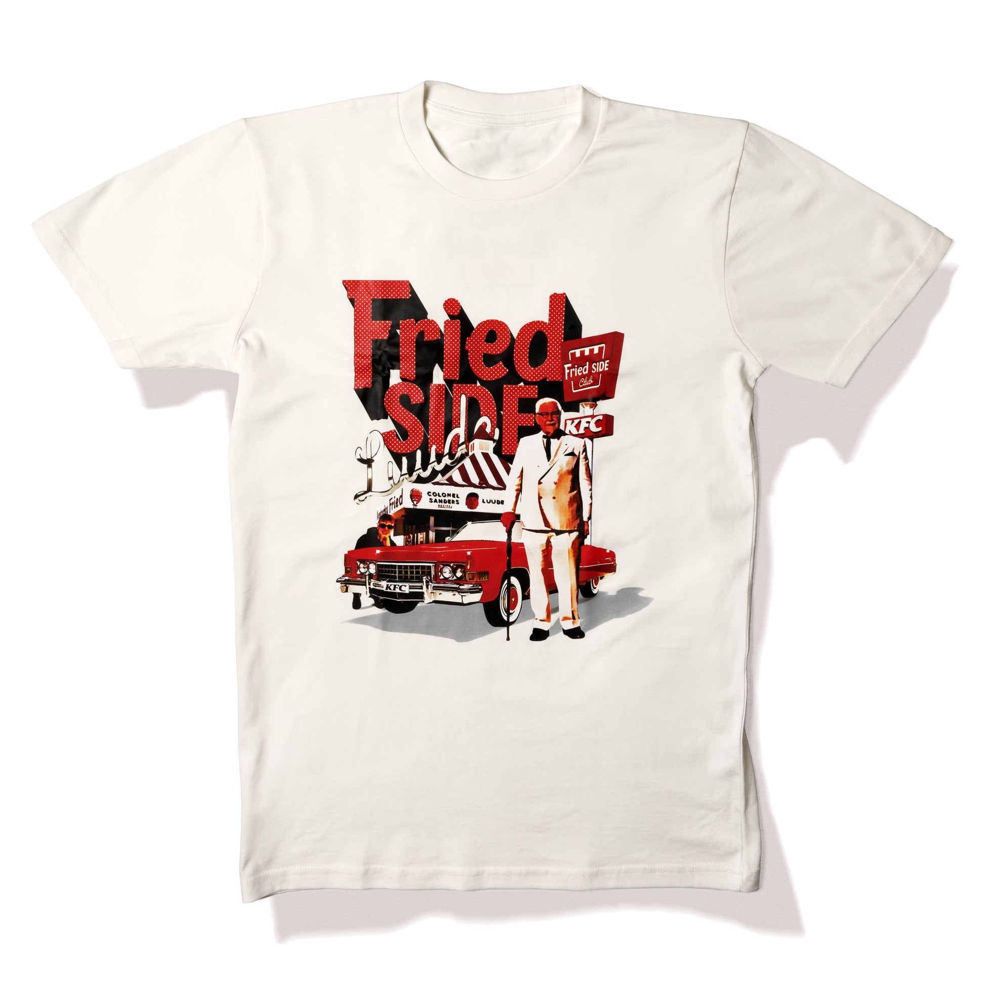 KFC white tee shirt branded with 'Fried Side Club' copy and colonel Sanders image