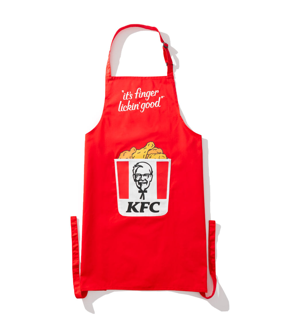 red KFC branded apron with colonel Sanders but and tagline 'It's finger lickin' good'