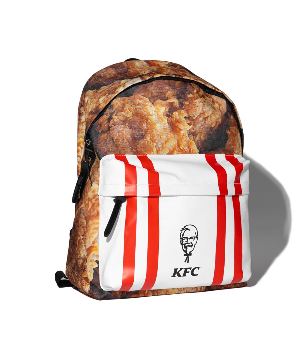 KFC branded backpack with branded red and white striped pocket 