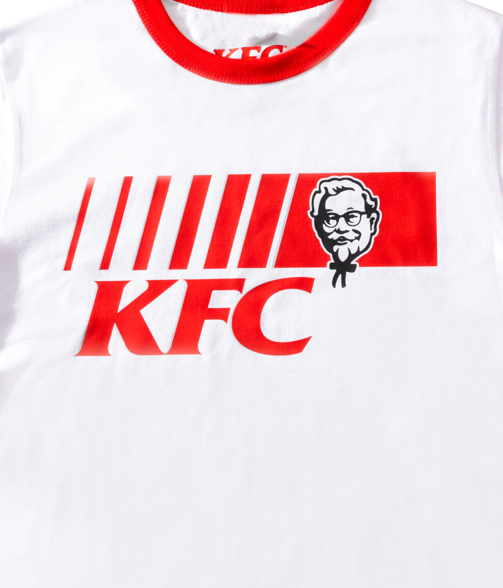 close up view of KFC logo and colonel on white tee shirt