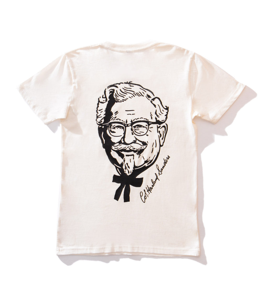 back of view of white KFC tee shirt with black branded portrait of Colonel Sanders