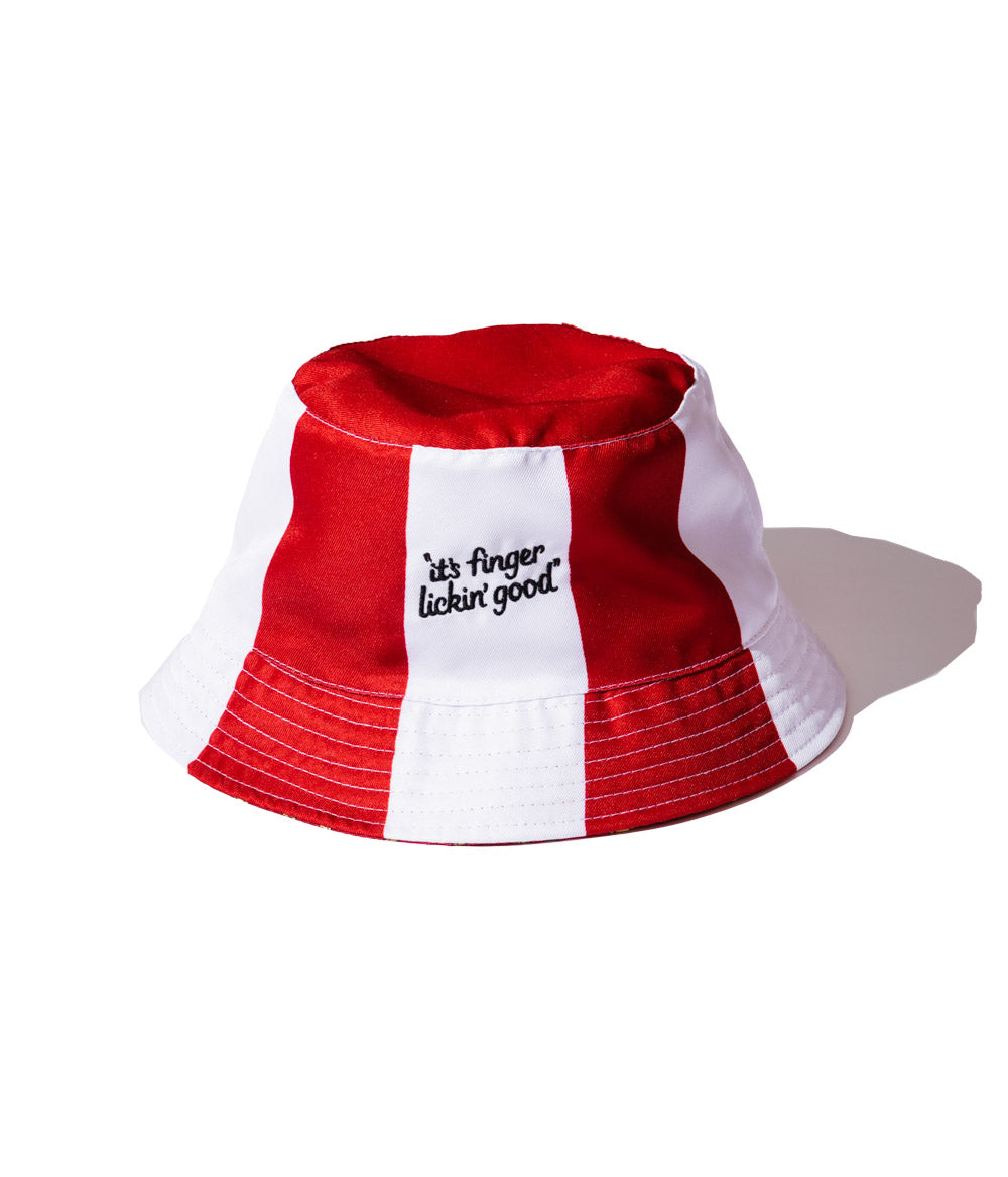 KFC red and white striped bucket hat and 'it's finger lickin' good 'message