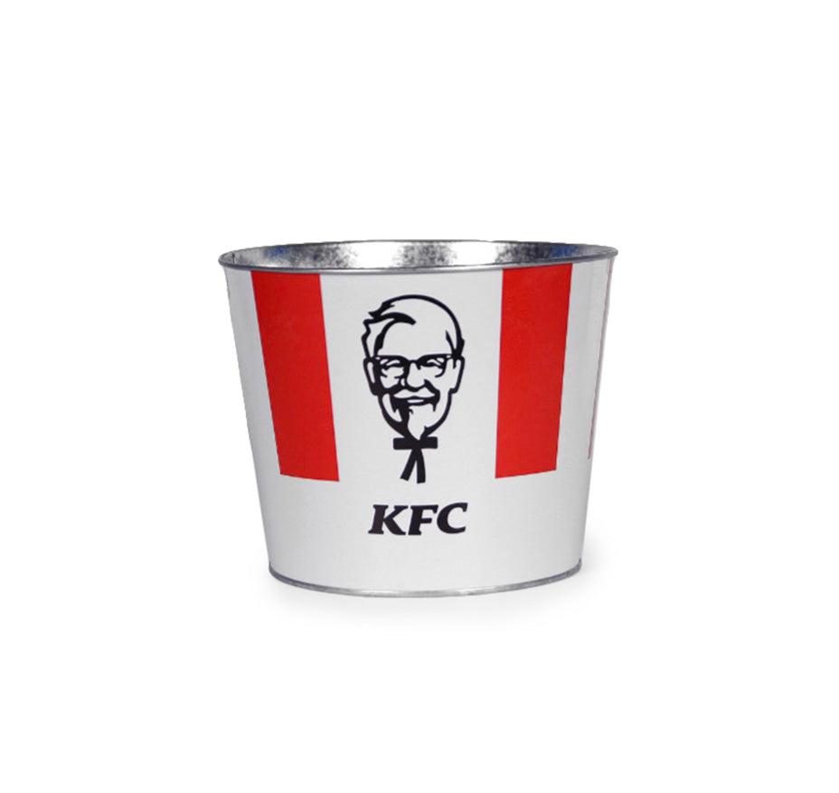 Metal KFC ice bucket with red and white stripes and logo