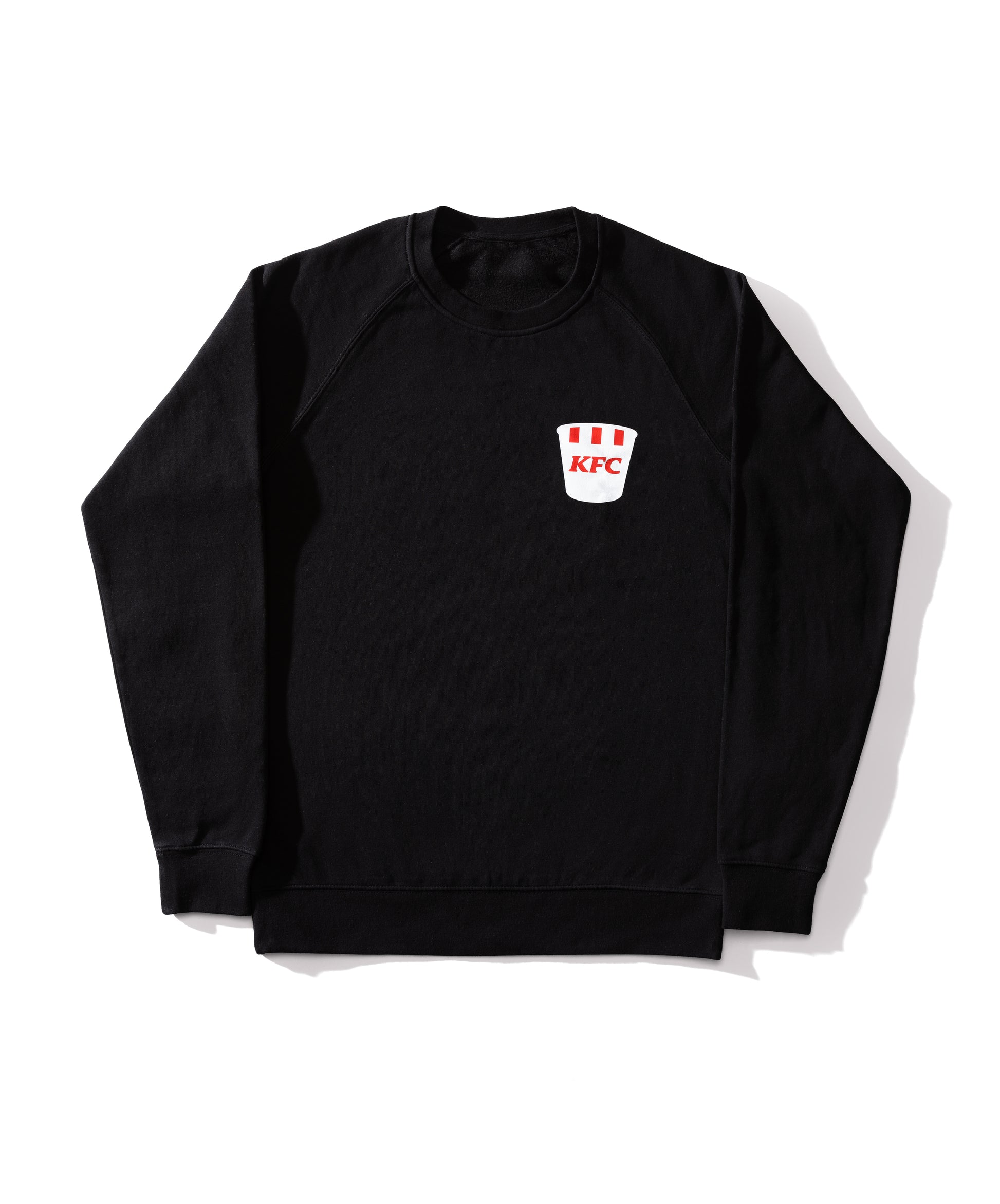 KFC long sleeved black jumper with white and red striped KFC bucket logo 