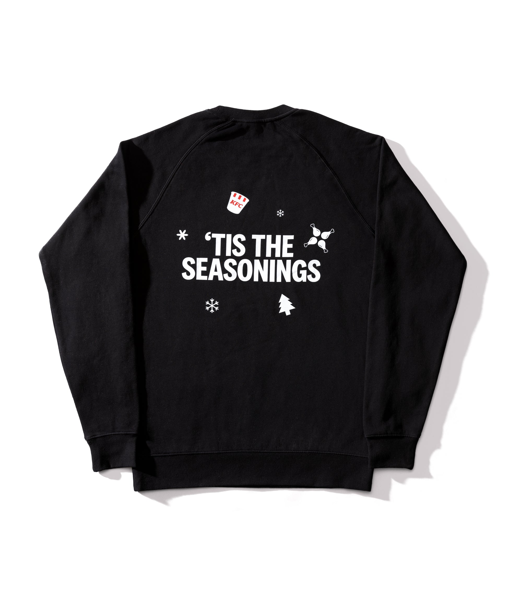 KFC long sleeved black jumper with white christmas snowflakes and trees and 'Tis the Seasonings logo