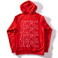 back of red KFC hoodie with whiterepeating KFC logo