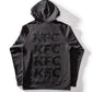 Back of black KFC hoodie with repeating black KFC logo on the back