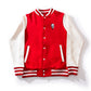 Red KFC bomber jacket with off white sleeves and KFC colonel sanders logo