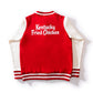 back view of Red KFC bomber jacket with off white sleeves and Kentucky Fried Chicken message