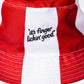 Close up of KFC red and white striped bucket hat with 'it's finger lickin' good' logo