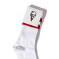 Close up view of KFC white socks with red stripes and colonel sanders logo