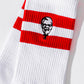 zoomed in KFC white socks with red stripes and colonel sanders logo