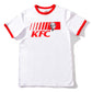 KFC white tee shirt with red lined sleeves and neckline and KFC logo