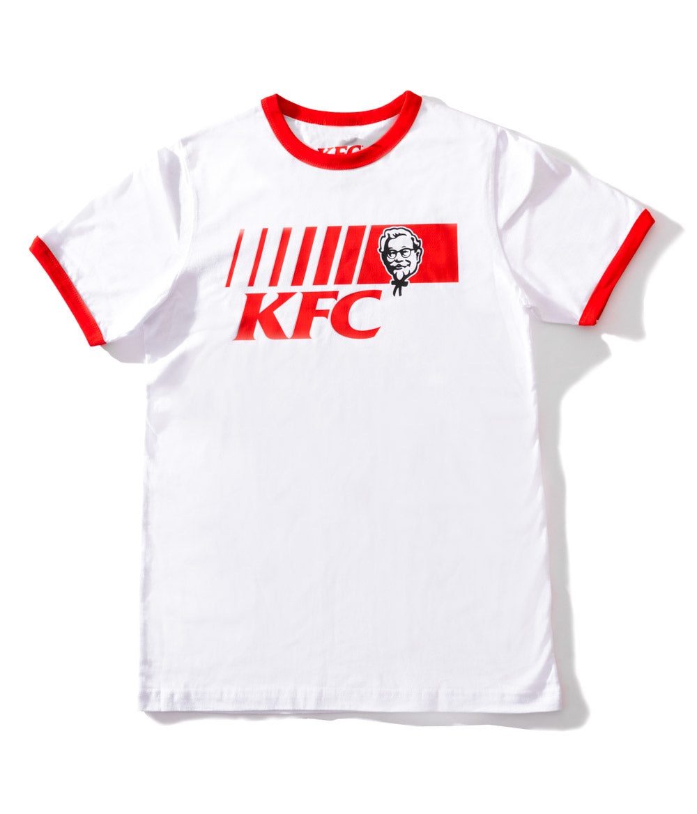 KFC white tee shirt with red lined sleeves and neckline and KFC logo